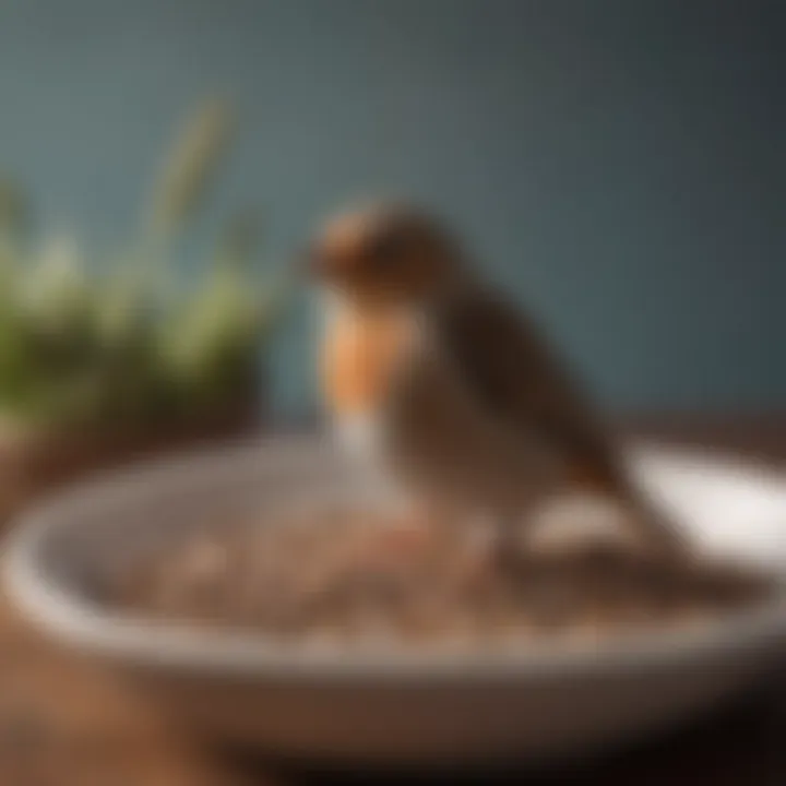 Close-up of a ceramic bird food dish filled with seed