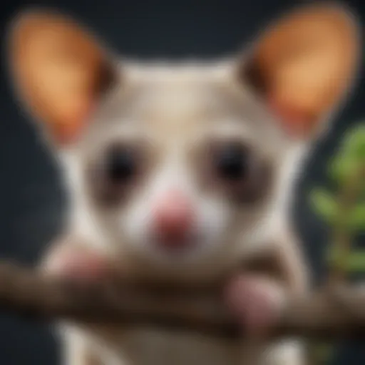 A close-up of a sugar glider perched on a branch, showcasing its large eyes and distinctive fur.