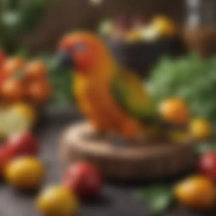 A healthy assortment of fruits and vegetables suitable for Sun Conures' diet.