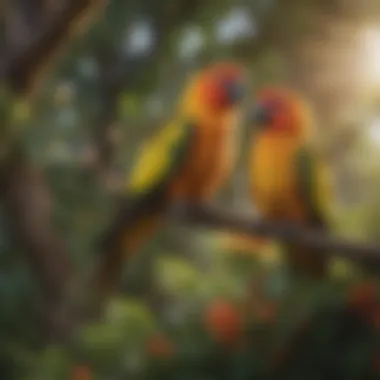 An outdoor habitat illustration depicting the natural environment of Sun Conures.