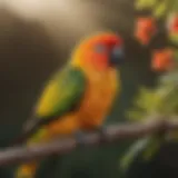 A vibrant Sun Conure perched on a branch, showcasing its colorful plumage.