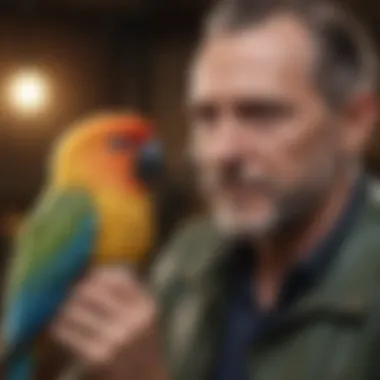 Connecting with Your Talking Bird An engaging interaction between a pet bird and its owner, highlighting their bond.