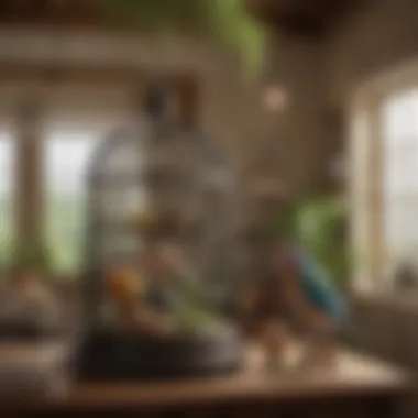 A serene environment showcasing a well-kept birdcage with toys and food.