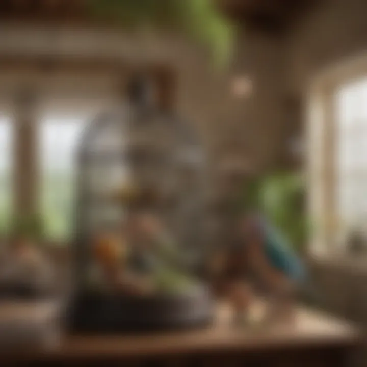 A serene environment showcasing a well-kept birdcage with toys and food.