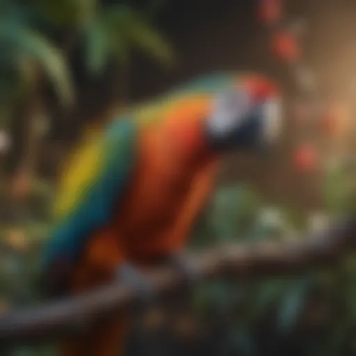 A vibrant parrot perched on a branch, showcasing its colorful feathers.