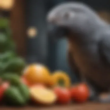 Healthy diet for African Grey parrot including fruits and vegetables