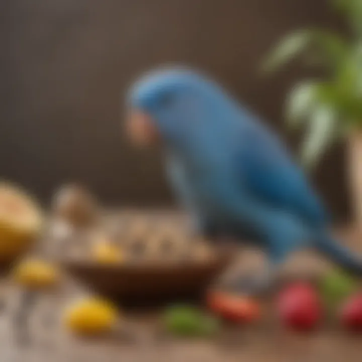 A close-up of a blue parrotlet eating a nutritious blend of seeds and fruits.