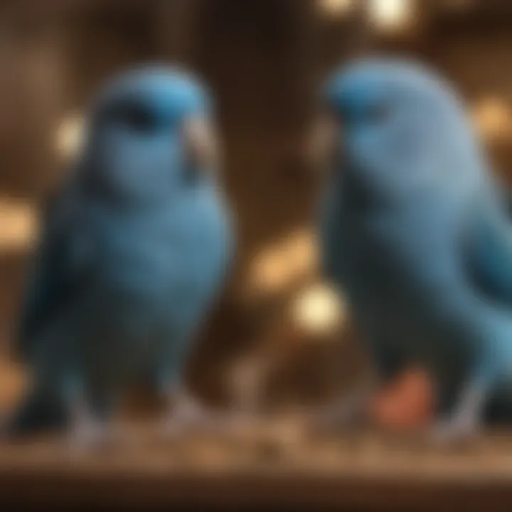 Blue parrotlets interacting playfully with each other in a spacious cage.