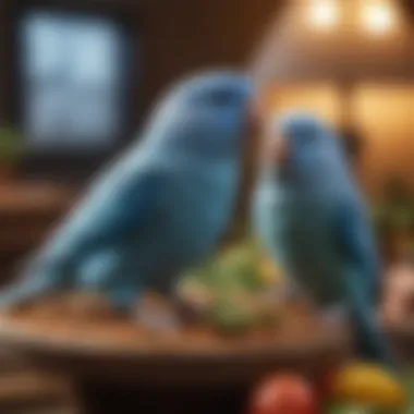 A cozy and stimulating environment designed for blue parrotlets with toys and perches.