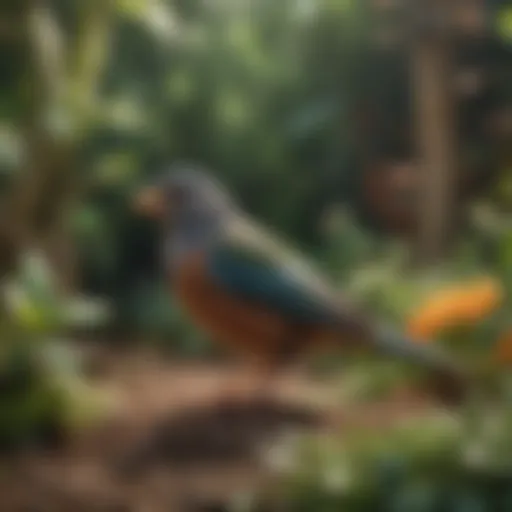 A tranquil garden scene where a pet bird might find refuge