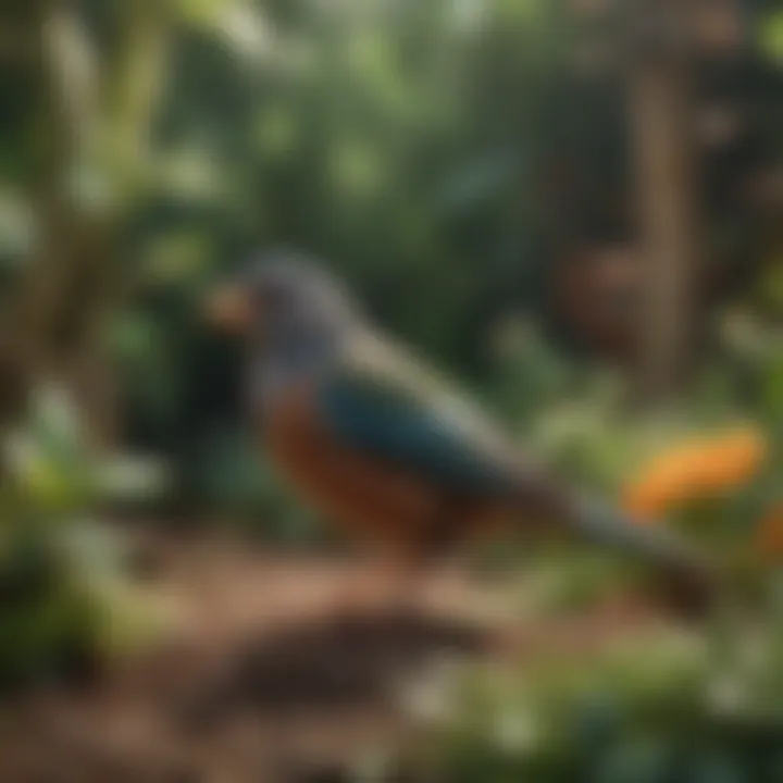 A tranquil garden scene where a pet bird might find refuge