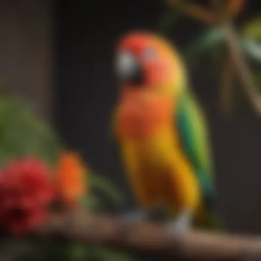 A colorful conure parrot perched on a branch, showcasing its vibrant feathers.