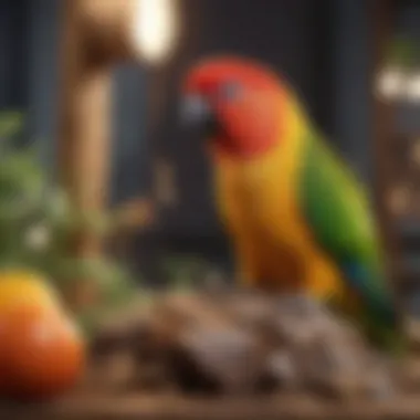 A well-maintained conure habitat with toys and natural elements for enrichment.