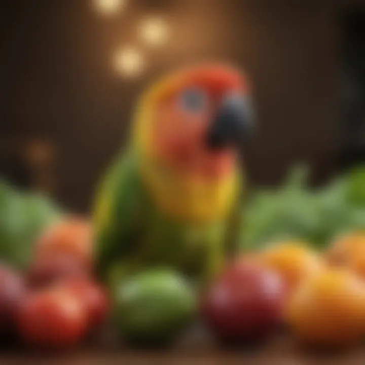 A close-up of a conure enjoying a healthy mix of fruits and vegetables.