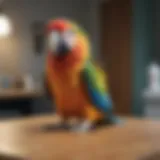 A colorful parrot perched on a veterinary examination table