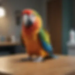 A colorful parrot perched on a veterinary examination table