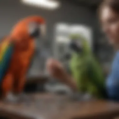 Veterinarian examining a parrot with specialized equipment.