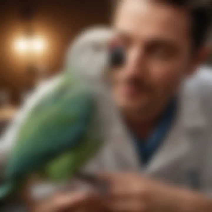 A veterinarian examining a love bird, emphasizing the importance of regular health check-ups.