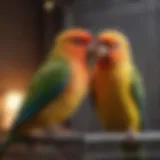 A pair of vibrant love birds perched together in a cozy cage, showcasing their playful nature.