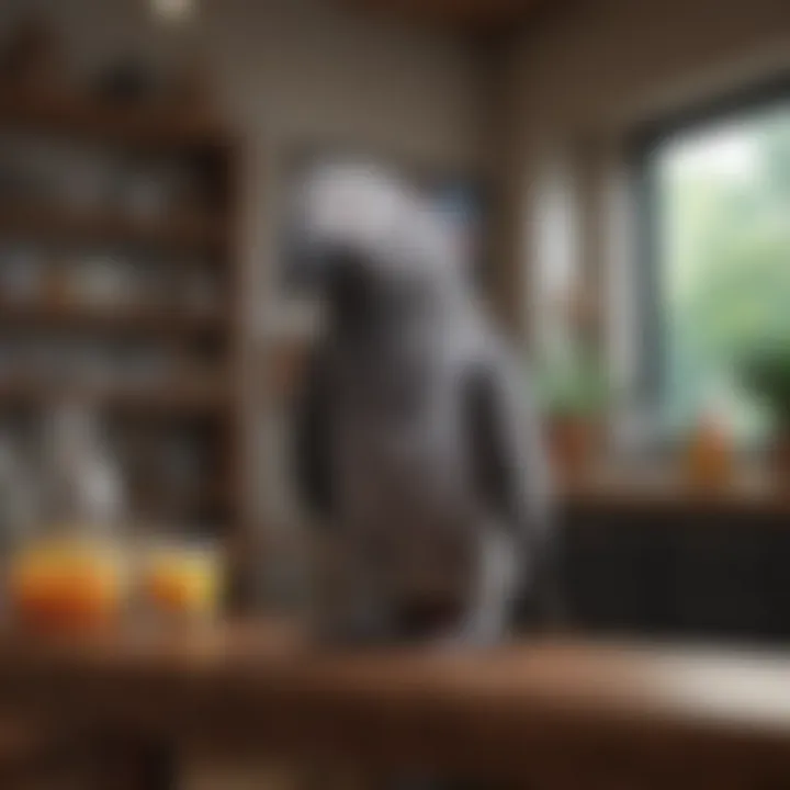 A cozy living space equipped with parrot essentials, illustrating the environment for an African Grey.