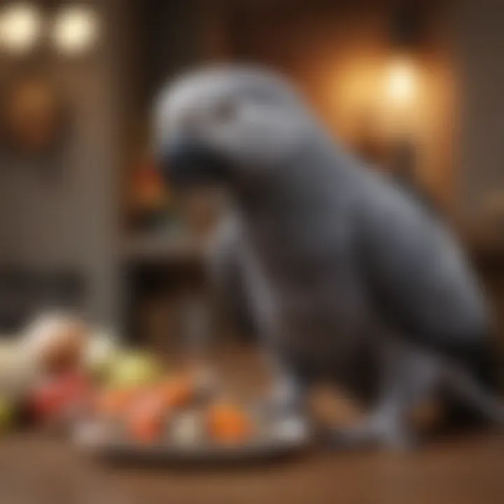 Close-up of high-quality parrot food and toys, emphasizing the importance of nutrition and mental stimulation.
