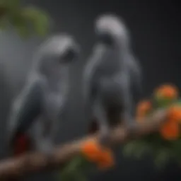 A vibrant African Grey parrot perched on a branch, showcasing its striking feathers and intelligent gaze.