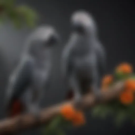 A vibrant African Grey parrot perched on a branch, showcasing its striking feathers and intelligent gaze.
