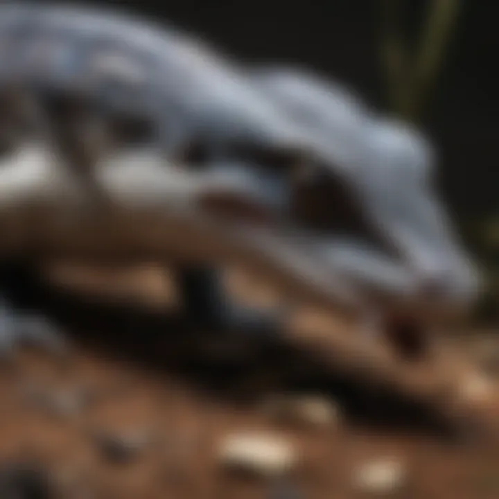 Close-up of a blue tongue skink eating insects