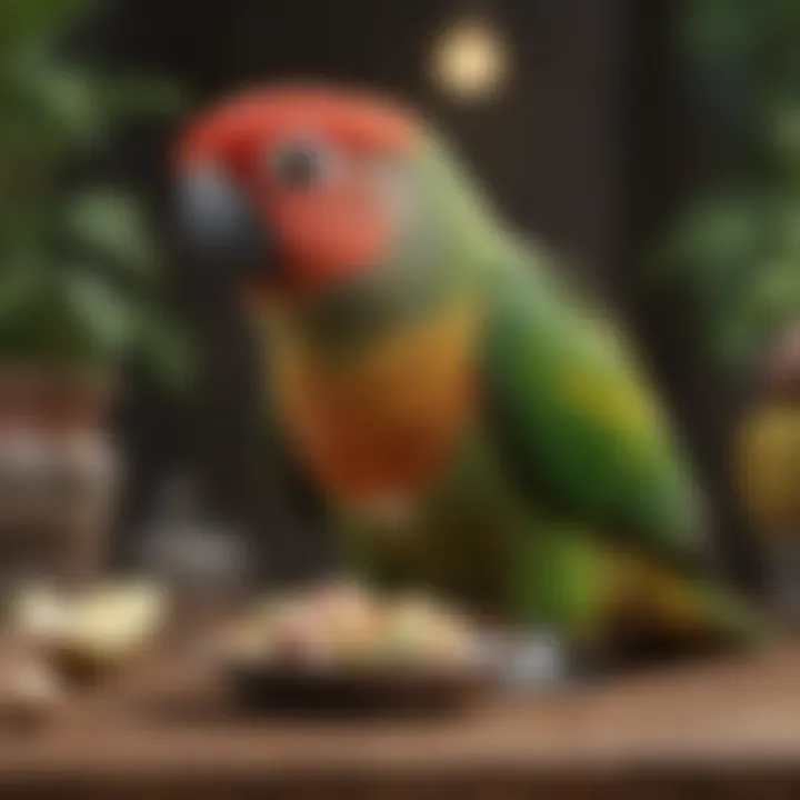 A green cheek conure enjoying a meal in a natural setting