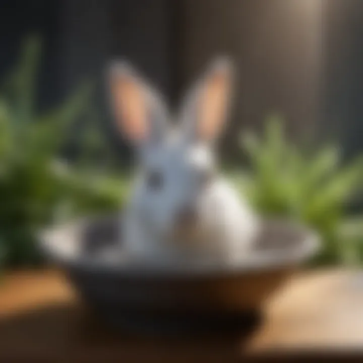 A clean water bowl placed in a cozy bunny habitat, emphasizing the importance of hydration.