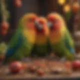 Colorful lovebirds enjoying a variety of seeds