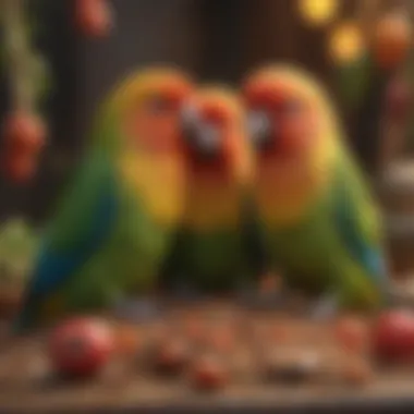 Colorful lovebirds enjoying a variety of seeds