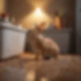 A serene rabbit exploring its litter box in a cozy indoor setting