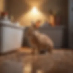 A serene rabbit exploring its litter box in a cozy indoor setting