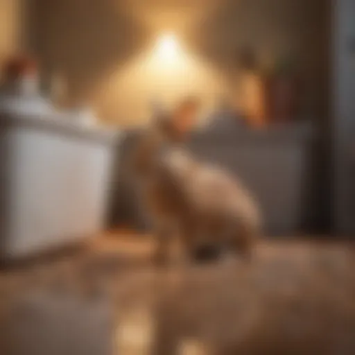A serene rabbit exploring its litter box in a cozy indoor setting