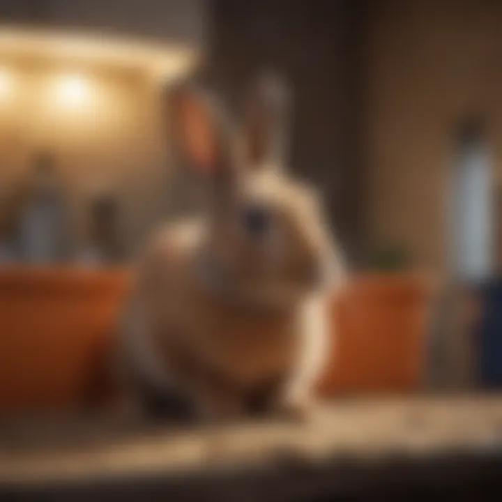A rabbit displaying natural behavior while using a litter box