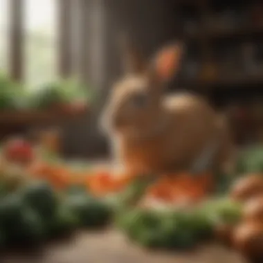 Essential Nutrition for Indoor Rabbits An array of fresh vegetables and hay suitable for rabbit nutrition.