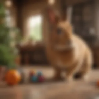 A rabbit happily interacting with a toy in its indoor habitat.