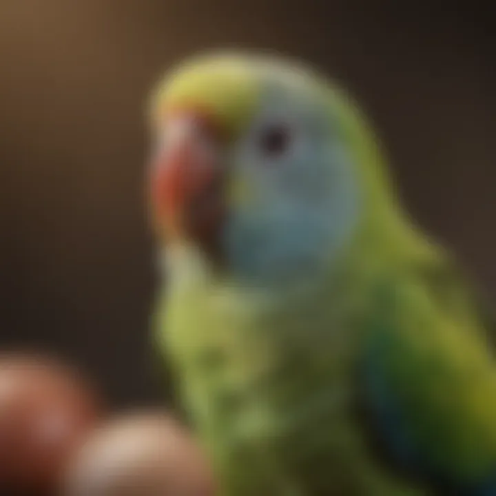 Close-up of a parakeet displaying curiosity and engagement during training