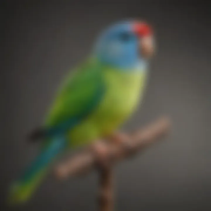 A parakeet perched on a training stick showcasing its vibrant feathers