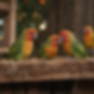 Conures exploring their nesting box environment, demonstrating natural behavior.