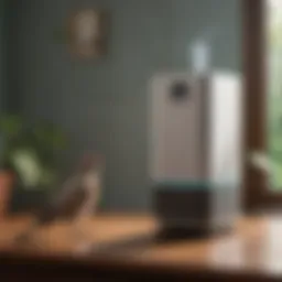 A serene avian environment with a HEPA air purifier in action