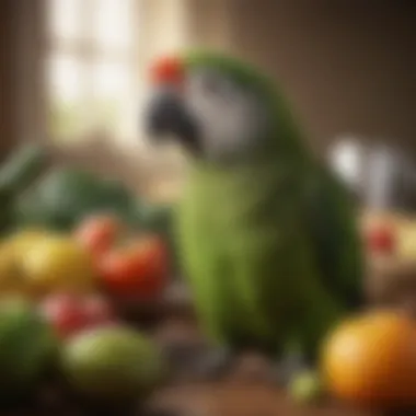 A selection of nutritious foods suitable for a Meyers Parrot, emphasizing its dietary needs.