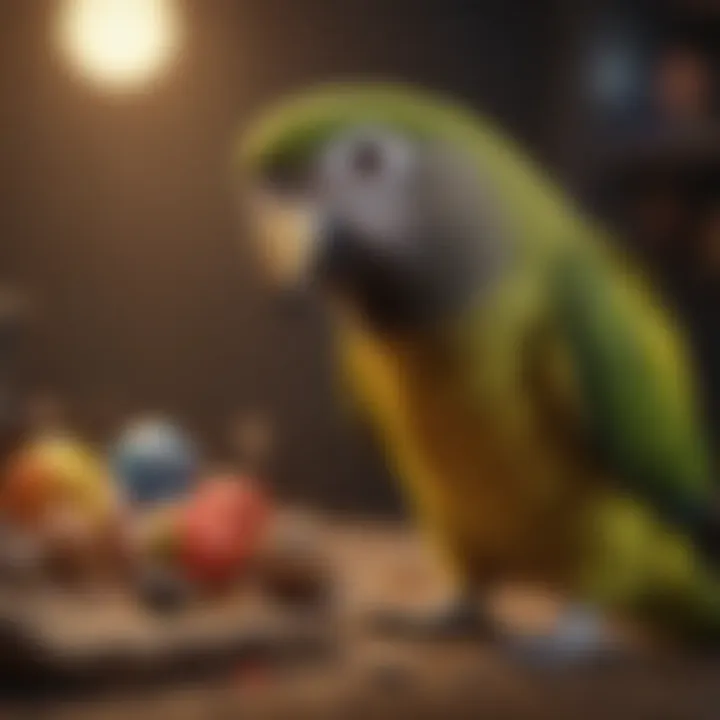 A close-up of a Meyers Parrot interacting playfully with toys, highlighting its curious nature.
