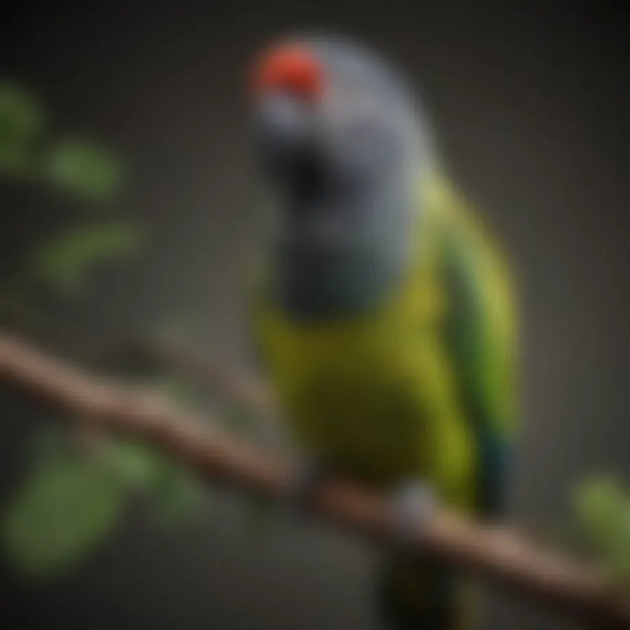 A vibrant Meyers Parrot perched on a branch, showcasing its striking plumage and unique features.