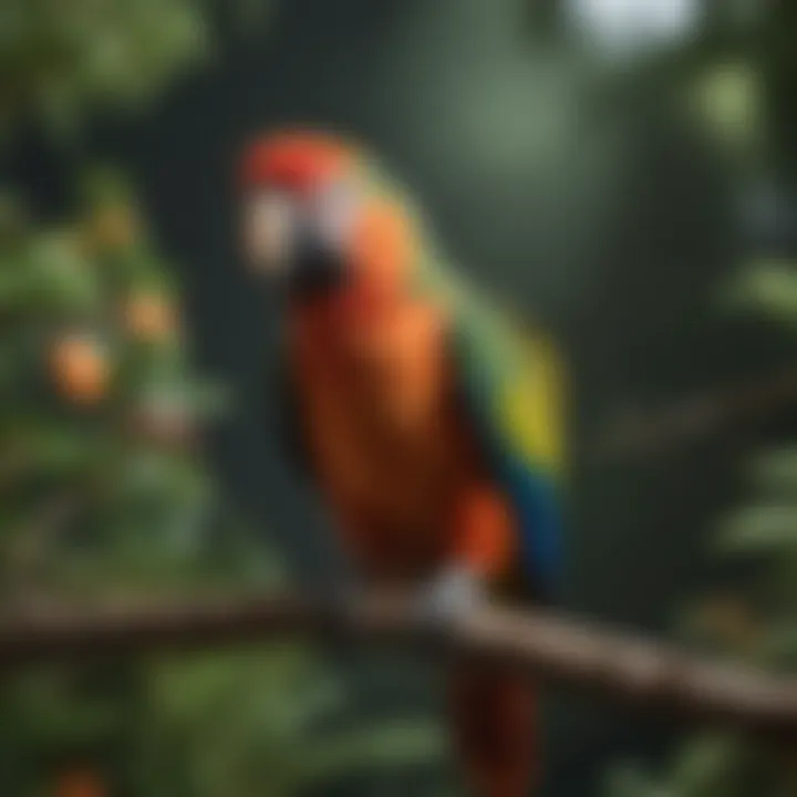 A vibrant miniature parrot perched on a branch, showcasing its colorful plumage