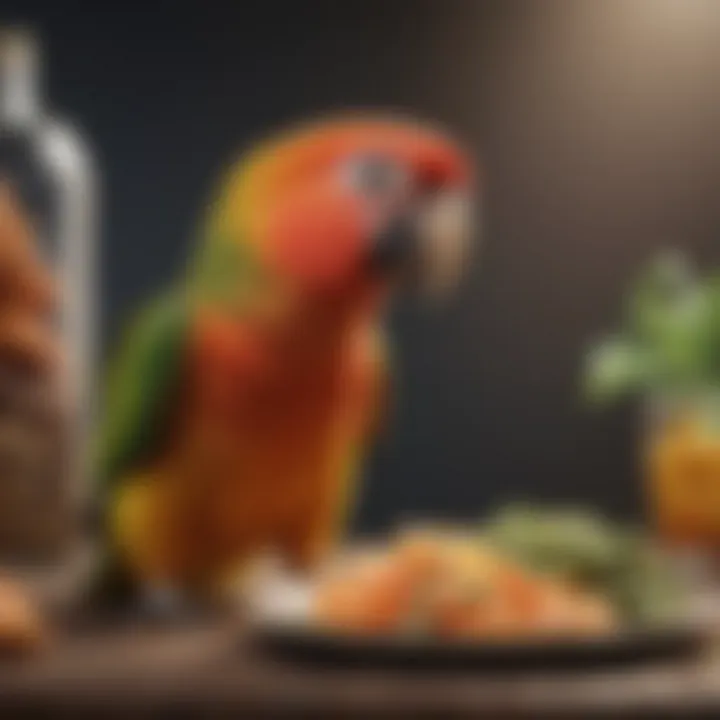 A nutritious spread of food tailored for miniature parrots, emphasizing dietary needs