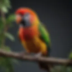 A colorful pocket parrot perched on a branch, showcasing its vibrant feathers.