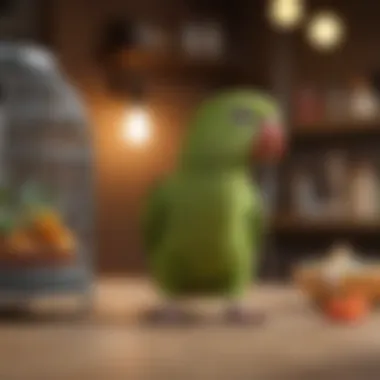A well-organized setup for pocket parrot care, including food, toys, and a cozy cage.