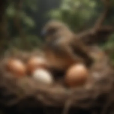 A bird sitting on a nest of eggs